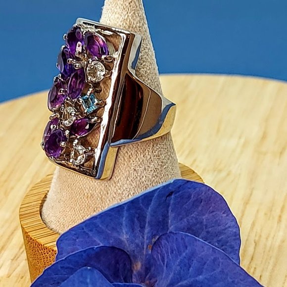 Natural Amethyst,  Aquamarine & Swiss Blue Topaz 925 Sterling Silver Ring 7.5 - Picture 5 of 12